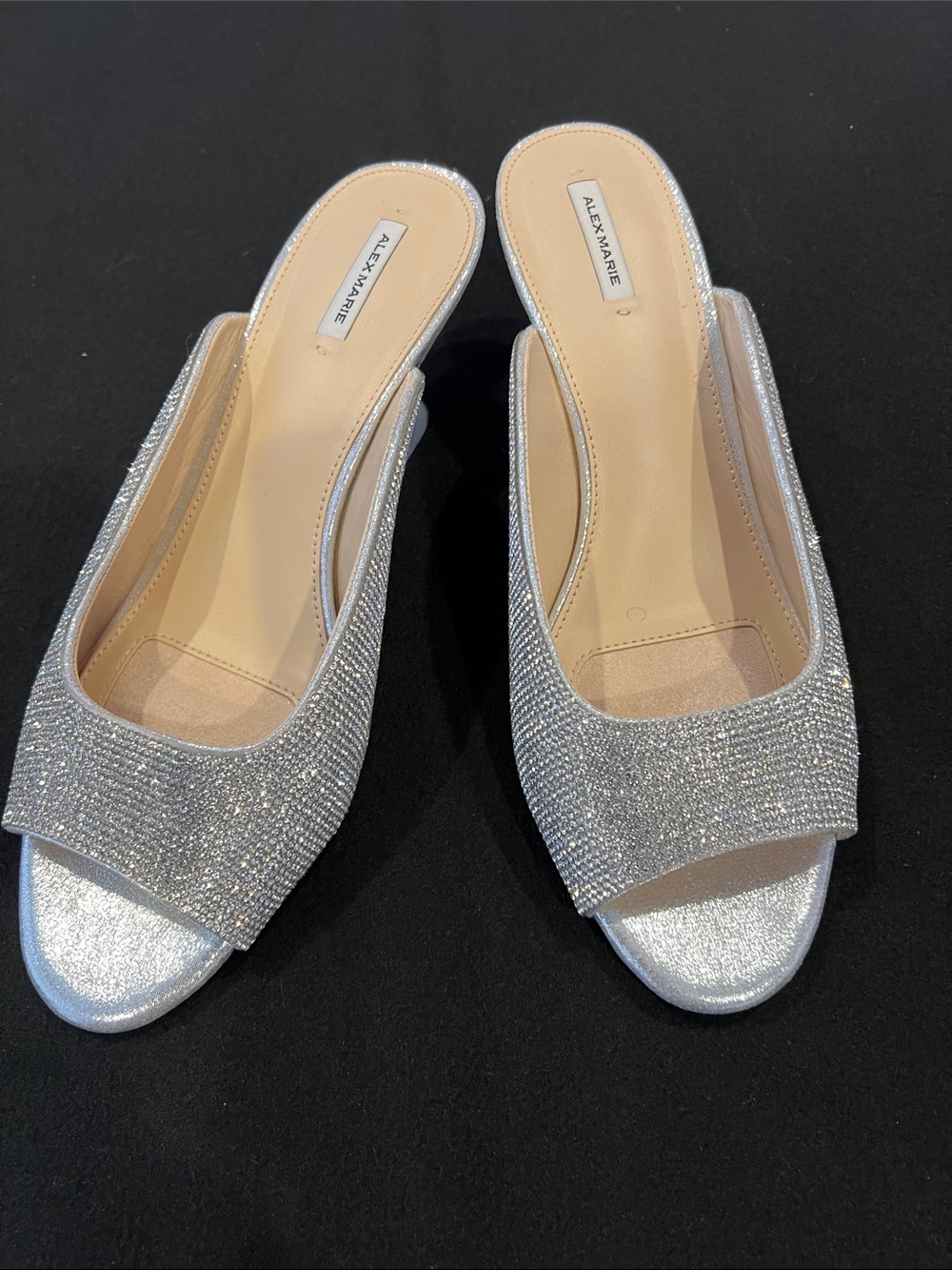 Alex Marie Silver Rhinestone Open-Toe Mule Slides with Fun Clear Heels